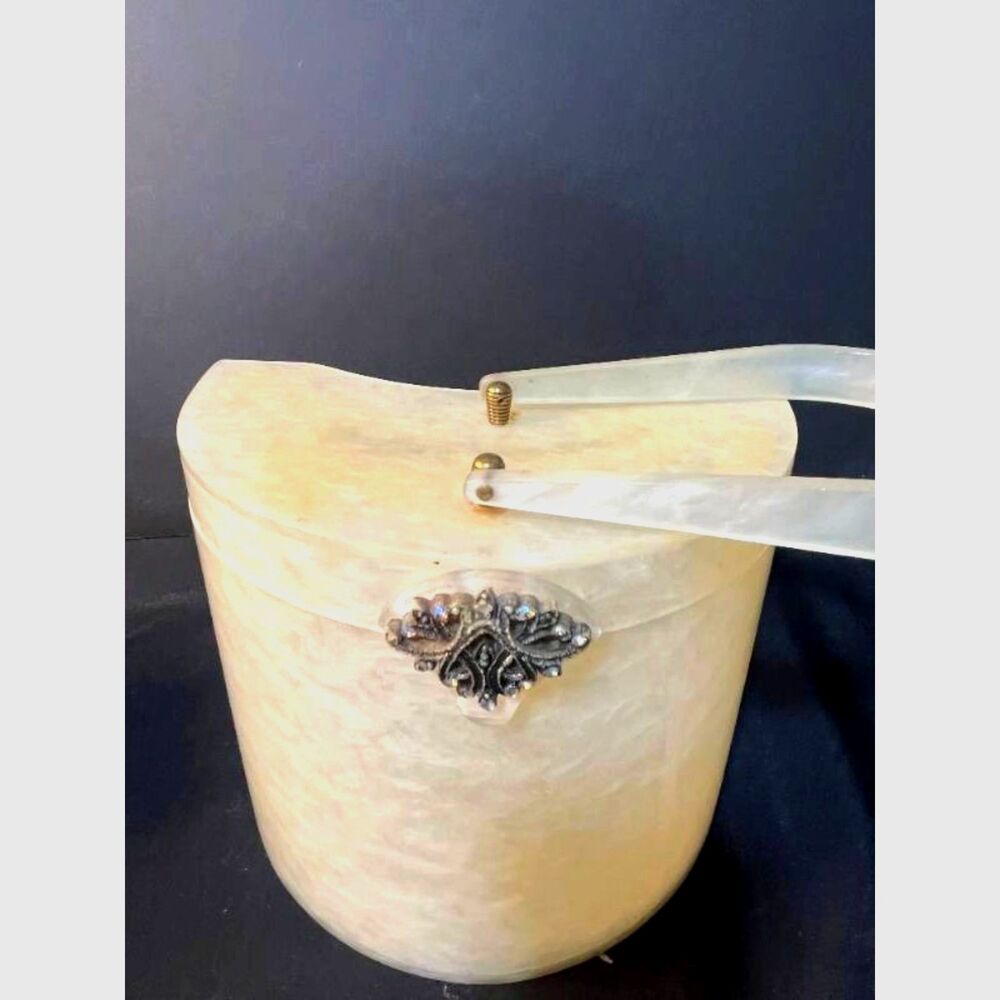 Vintage pearlized lucite beige oval purse box filigree mirrored Wilardy